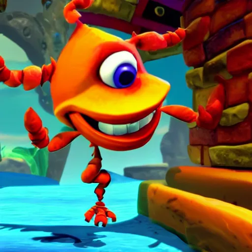 Image similar to screenshot of a cute wacky humanoid crab enemy with a coat in crash bandicoot video game, crash bandicoot 4, playstation 1 era graphics, activision blizzard style, 4 k upscaled graphics