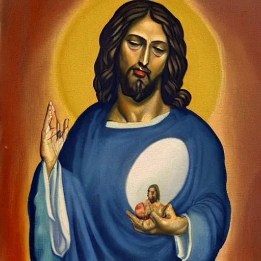 Prompt: painting of jesus christ holding a two balls