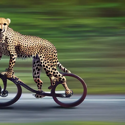 Image similar to cheetah is riding a bike, photo, 4k, hyper realistic,