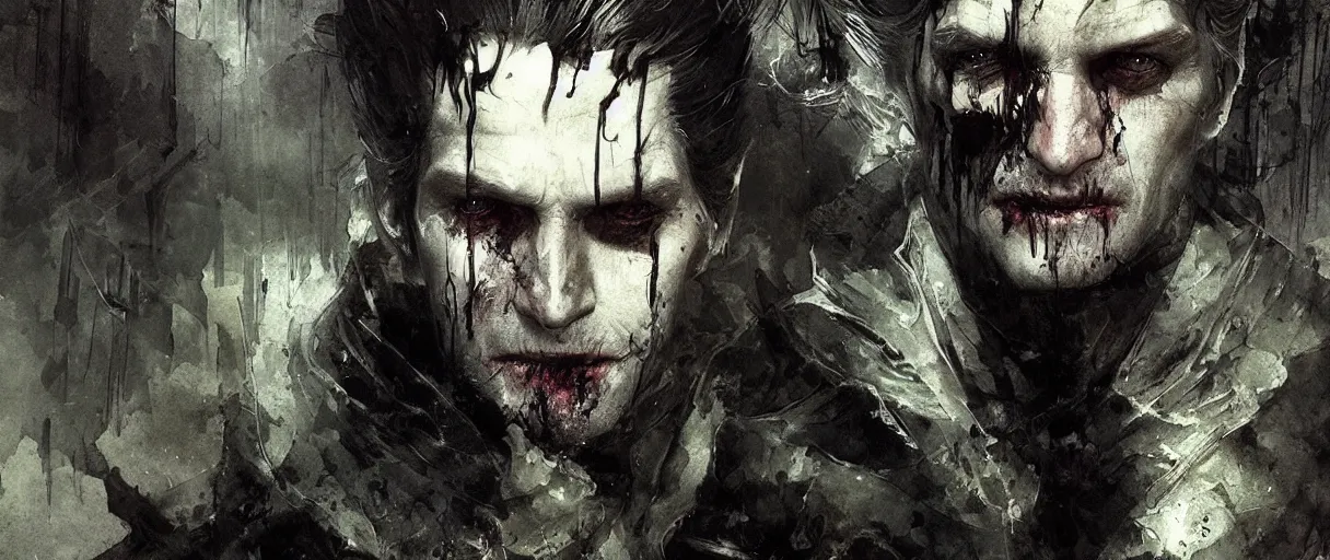 Image similar to portrait of emiel regis vampire from witcher 3 by emil melmoth zdzislaw beksinki craig mullins yoji shinkawa realistic render ominous detailed photo atmospheric by jeremy mann francis bacon and agnes cecile ink drips paint smears digital glitches glitchart