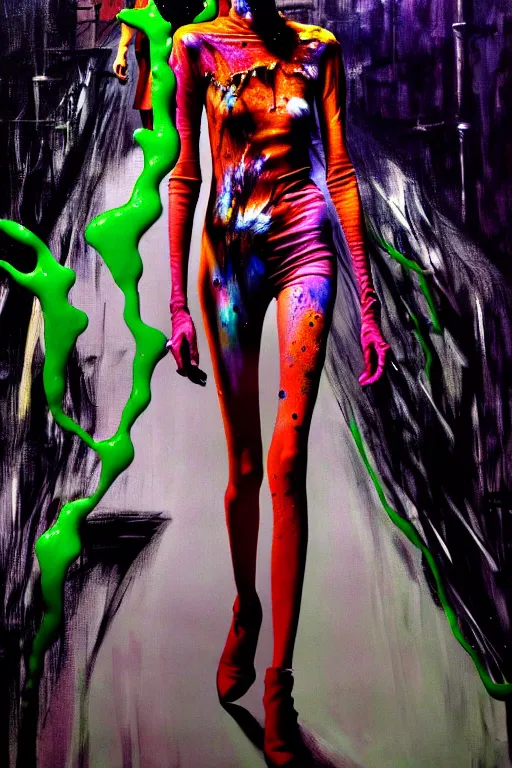 Image similar to crazy fashion catwalk, one model, crazy clothes, biopunk style, horror, clothes look like slime, hauntingly surreal, highly detailed painting by francis bacon, edward hopper, adrian ghenie, gerhard richter, and james jean soft light 4 k,