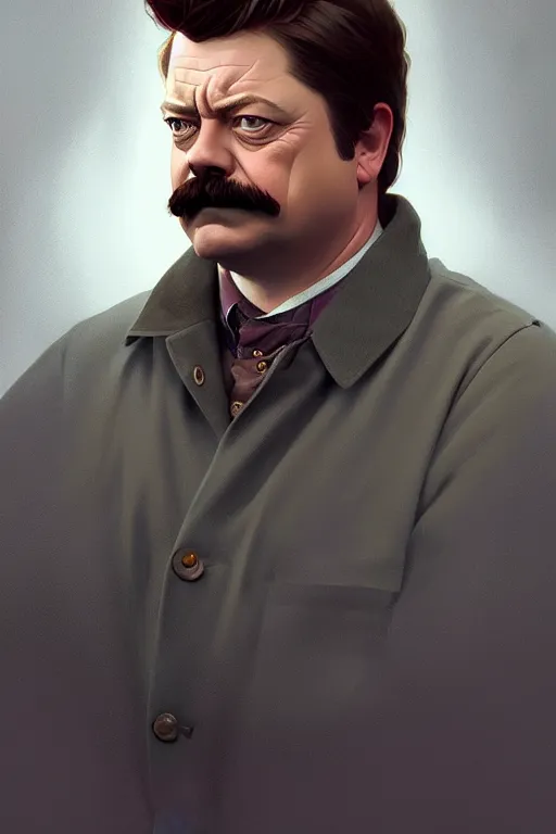 Prompt: a portrait of ron swanson, fantasy, sharp focus, intricate, elegant, digital painting, artstation, matte, highly detailed, concept art, illustration, ambient lighting, art by ilya kuvshinov, artgerm, alphonse mucha, and greg rutkowski