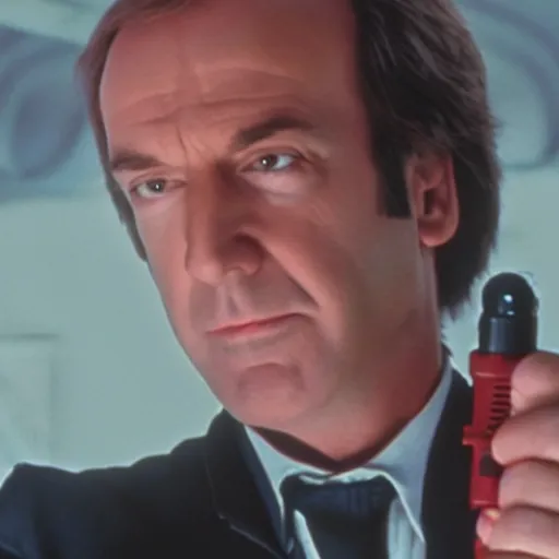 Image similar to A still of Saul Goodman in Star Wars: A New Hope, holding an activated lightsaber, wearing a suit