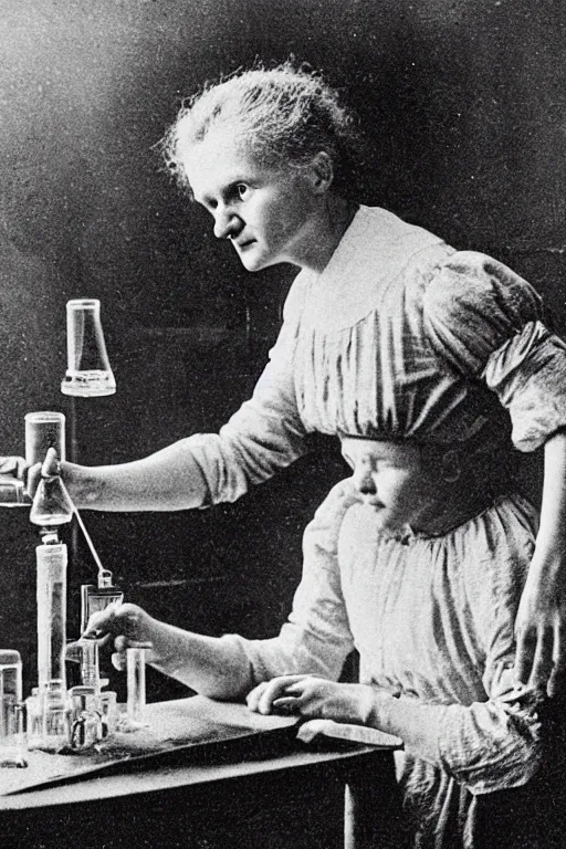 Image similar to marie curie in her lab playing with radioactive matter, children drawing