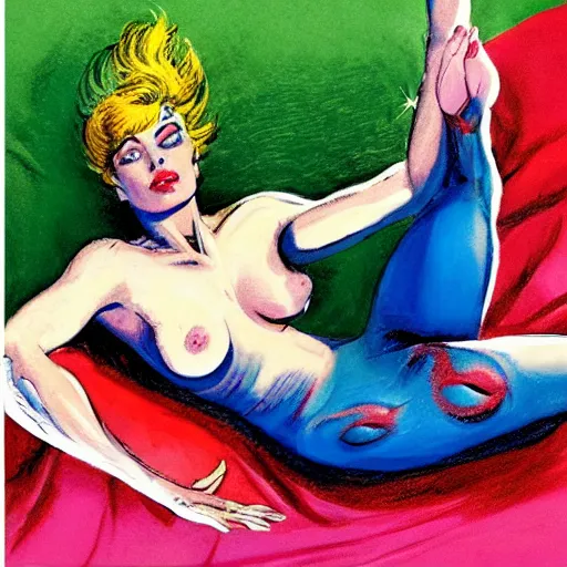 Image similar to playful by neal adams. a body art of a woman reclining on a bed.