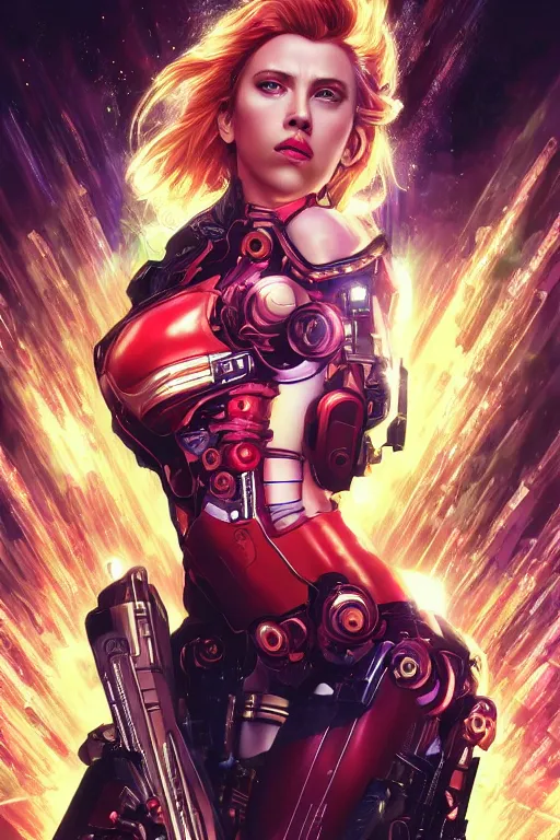 Image similar to celestial cyberpunk scarlett johansson with cybernetic implants emerging from the big bang, by artgerm and yoshitaka amano and moebius and alphonse mucha, hyperdetailed, dc comics, ornate, nebula, explosions in the sky, trending on artstation