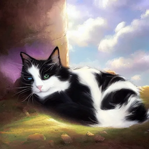 Prompt: a black and white cat and a tri-color calico cat sleeping peacefully together in cat heaven, puffy clouds, dreamy, painted by Tyler Edlin, very very very very crispy