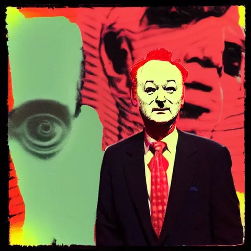 Prompt: bill murray in a suit and tie with a creepy face, a screenprint by warhol, reddit contest winner, antipodeans, hellish, anaglyph filter, hellish background