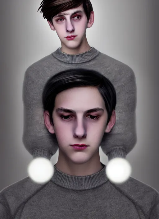 Image similar to portrait of teenage jughead jones wearing a light grey crown, photorealistic, crown, eyes closed, crown, black hair, sweater with letter s on it, letter s, intricate, elegant, glowing lights, highly detailed, digital painting, artstation, concept art, smooth, sharp focus, illustration, art by wlop, mars ravelo and greg rutkowski