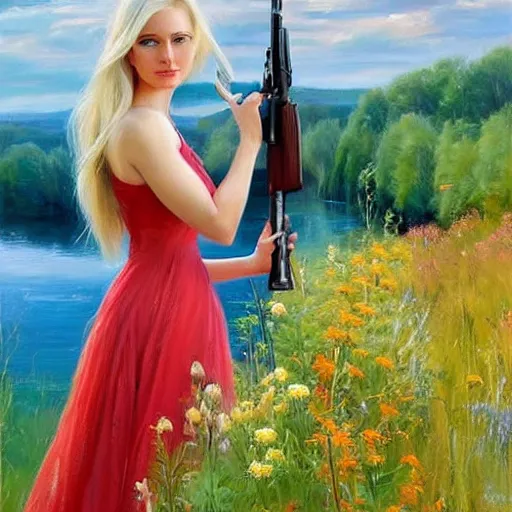 Image similar to mysterious blonde woman in hot dress in the swedish countryside, holding a shotgun!!!, freedom, scenic, beautiful, masterpiece, highly detailed, painting by vladimir volegov