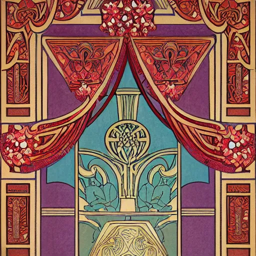 Image similar to symmetrical mural painting from the early 1 9 0 0 s in the style of art nouveau, red curtains, art nouveau design elements, art nouveau ornament, scrolls, flowers, flower petals, rose, opera house architectural elements, mucha, masonic symbols, masonic lodge, joseph maria olbrich, simple, iconic, masonic art, masterpiece