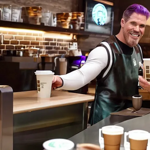 Image similar to thanos working at starbucks serving a latte to iron man, ultra realistic, 8 k, cinematic