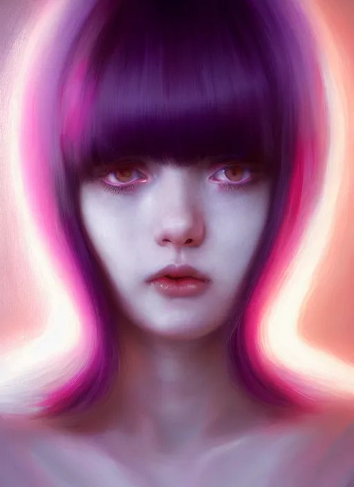 Image similar to hair whitebangs hair, black hair, whitebangs, portrait of teenage girl with white bangs, red irises, purple clothes, white bangs, bangs are different color from hair, intricate, elegant, glowing lights, highly detailed, digital painting, artstation, concept art, smooth, sharp focus, illustration, art by wlop, mars ravelo and greg rutkowski