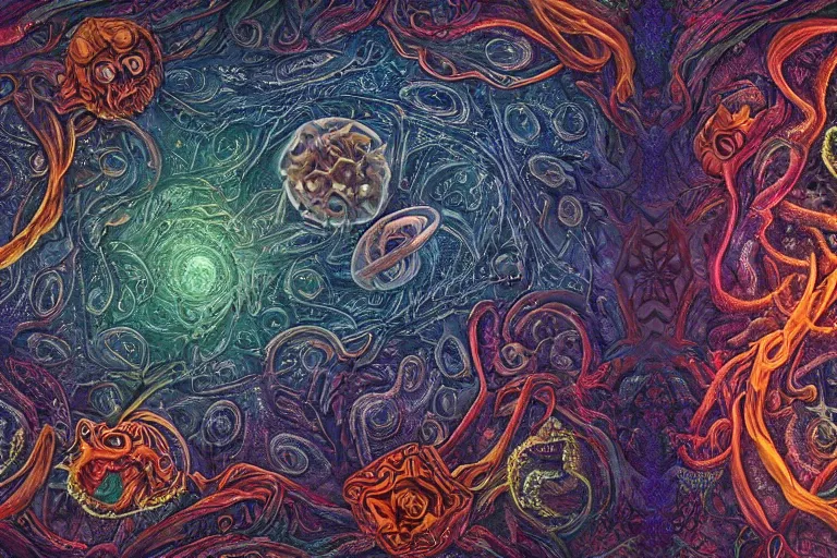 Image similar to a intricate mandala of skulls and flesh with deep and intricate rune carvings and twisting lovecraftian tentacles emerging from a space nebula by dan mumford, twirling smoke trails, a twisting vortex of dying galaxies, collapsing stars, digital art, photorealistic, vivid colors, highly detailed, intricate