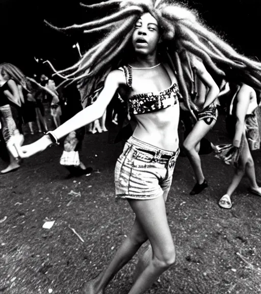 Prompt: portrait of a stunningly beautiful girl with dreadlocks dancing at a music festival, by bruce davidson