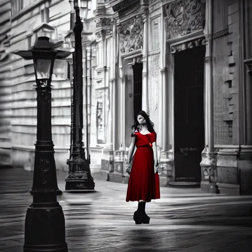 Prompt: beautiful woman in a coffee dress standing under the circle of light of lamp post, grayscale phtoto with red dress, photo noire style, high resolution, 4k, highly detailed, attention to details, detailed face, realism, photo-realism, photo by marco glaviano, 35mm