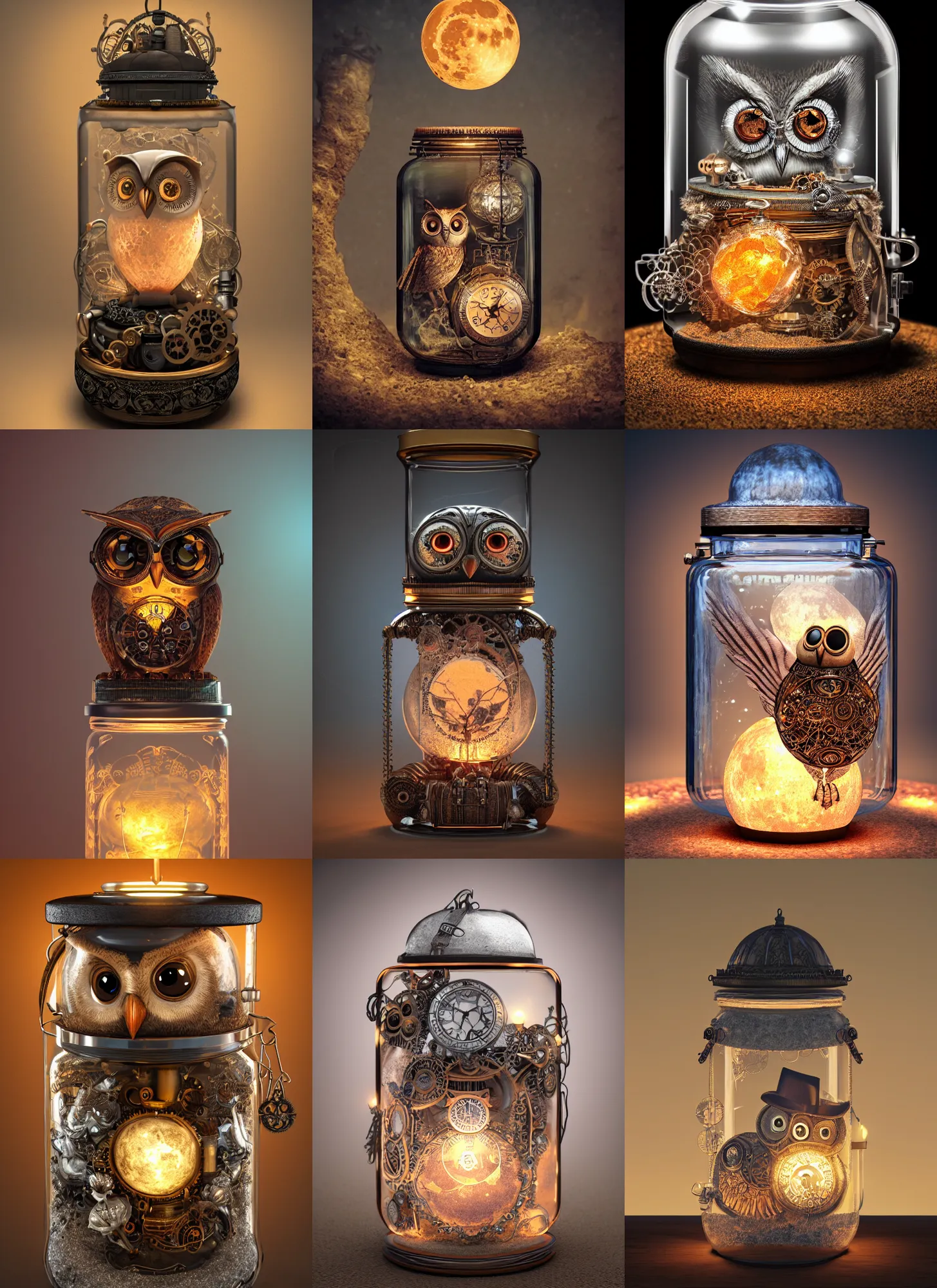 Prompt: steampunk owl inside a glass jar, full moon buried in sand, himalayan rocksalt lamp. intricate detail, hyper detailed, ultra realistic, sharp focus, octane render, lantern, volumetric, ray tracing, artstation trending, moon, flowery, pocketwatch, cgsociety, sense of awe, mystical, moon, 4 k