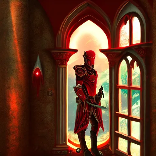 Prompt: blood knight, red, glowing halo, fantasy art, located in a castle, morning sunlight through the window, decorated, high quality, highly detailed, 4 k