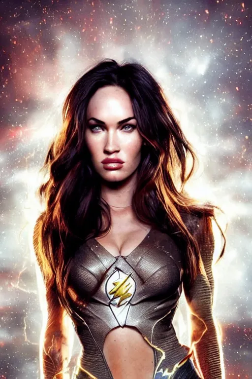 Image similar to majestic and regal portrait of megan fox female the flash, dc universe, perfect face, beautiful, intricate, epic, elegant, fantasy, highly detailed, digital painting, hard focus, beautiful volumetric lighting, epic light, ultra detailed, by leesha hannigan, ross tran, thierry doizon, kai carpenter, ignacio fernandez rios