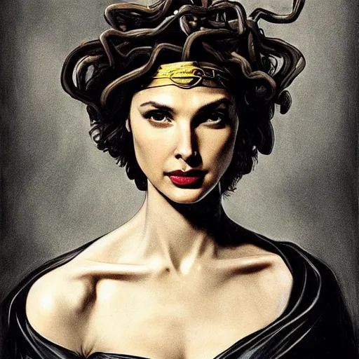 Image similar to gal gadot as medusa by caravaggio