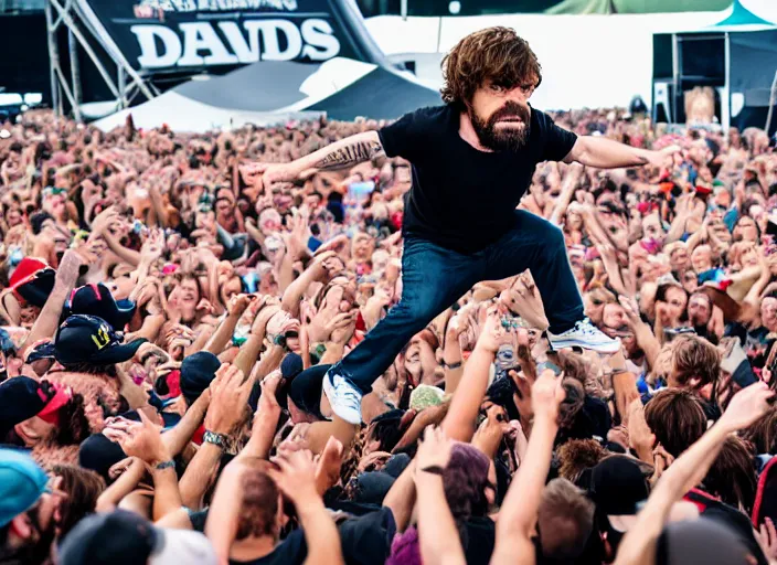 Image similar to photo still of peter dinklage at the vans warped tour!!!!!!!! at age 3 6 years old 3 6 years of age!!!!!!!! stage diving into the crowd, 8 k, 8 5 mm f 1. 8, studio lighting, rim light, right side key light