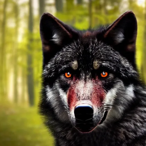 Prompt: a menacing black wolf with red eyes stalking through the forest, creepy, menacing, 8k, high detail