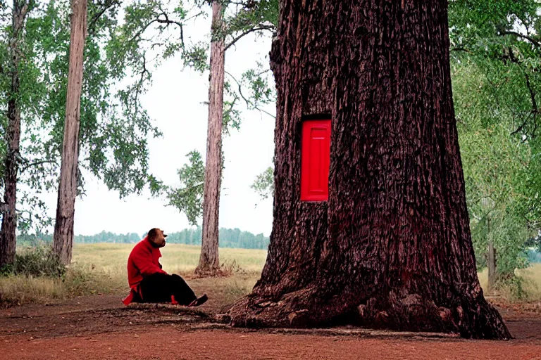 Image similar to grizzly wearing a red shirt sitting outside big tree with a red door by Roger Deakins