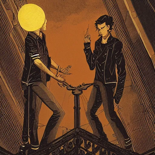 Image similar to two young men, one man human, one man vampire, night, on a birdge, detailed, intricate, aesthetic, artistic, 8 k resolution in the style of holic