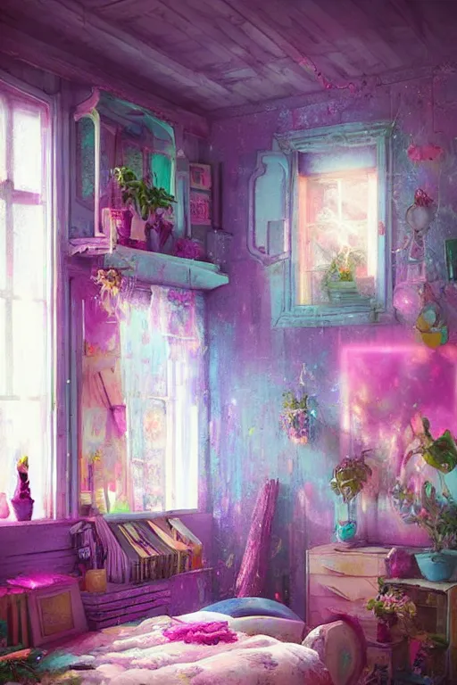 Prompt: hq sharp photo realistic shabby chic room with windows colorful atmospheric, lisa frank, greg rutkowski, artstation behance