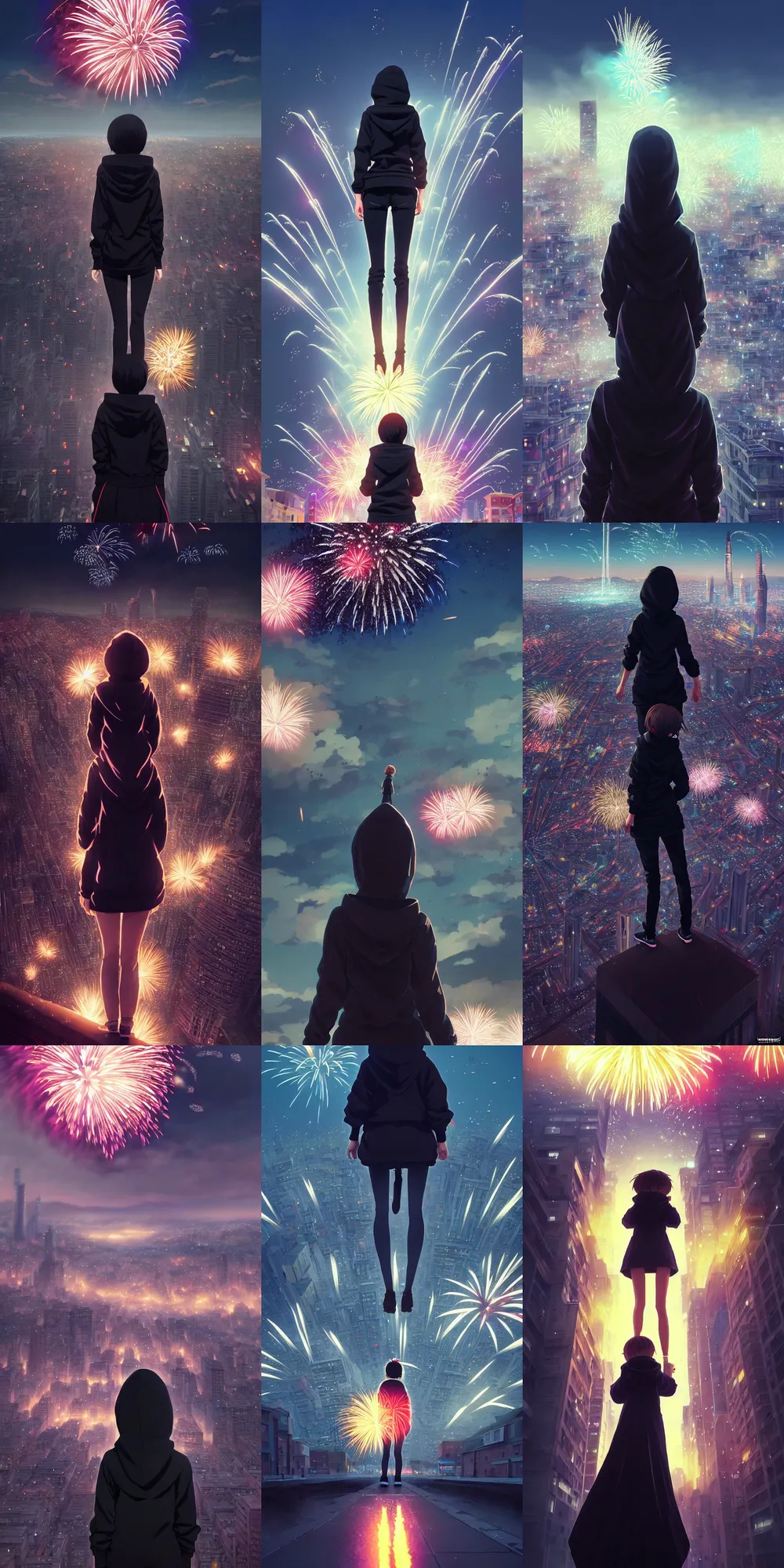 Prompt: firework in the sky, black hoodie girl from behind on the bottom, by kyoto animation, insanely detailed. instagram photo, kodak portra. by wlop, ilya kuvshinov, krenz cushart, greg rutkowski, pixiv. zbrush sculpt, octane, maya, houdini, vfx. huge cityscape. cinematic dramatic atmosphere, sharp focus, volumetric lighting