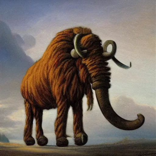 Prompt: a romanticism style painting of a wool mammoth making its way to a modern city