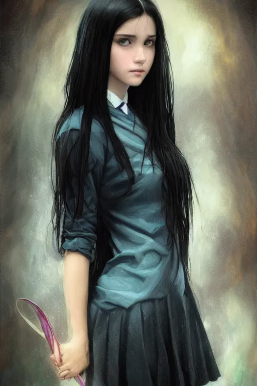 Image similar to portrait of teenage girl with long glossy black hair, blue eyes, glowing skin, fashion model features, fantasy, hogwarts student uniform, intricate, elegant, black dress, highly detailed, digital painting, artstation, concept art, smooth, sharp focus, illustration, art by Krenz Cushart and Artem Demura and alphonse mucha