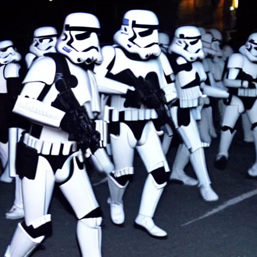 Prompt: a stormtrooper mosh pit at a death metal concert at night