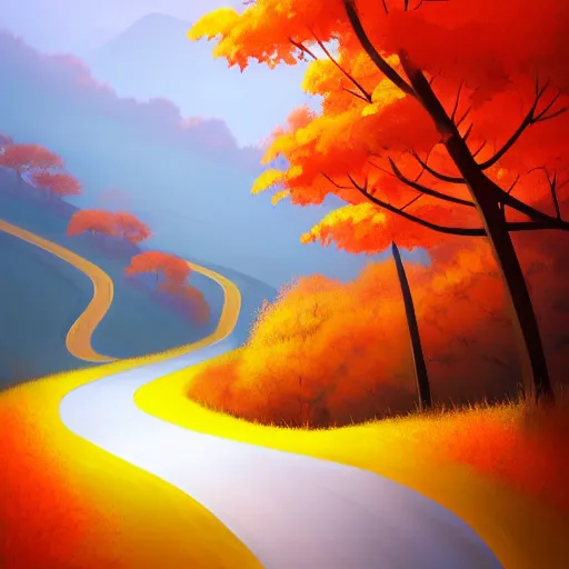 Prompt: Goro Fujita ilustration a road that goes down from the top of the mountain giving curves in autumn, painting by Goro Fujita, sharp focus, highly detailed, ArtStation