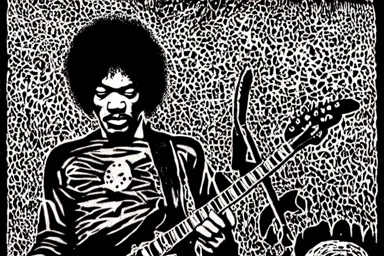 Prompt: grunge rock jimi hendrix, psychedelic concert poster, grainy, surrealist hand drawn by lynd ward, extremely detailed.