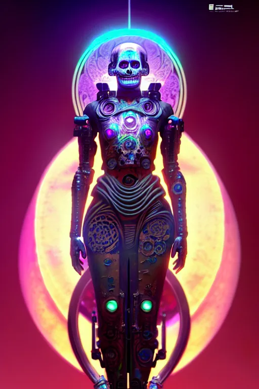 Image similar to ultra detailed female android deity, scifi, fantasy, octane render, unreal engine, dia de los muertos, asymmetrical intricate concept art, triadic color, art by godmachine and artgerm and greg rutkowski and alphonse mucha, 8 k, artstation, cgstation, behance