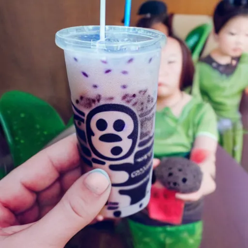 Prompt: boba tea with soot sprites