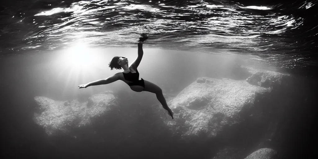 Image similar to wide angle view, underwater looking up, woman of color model swimming in large tall rock trench , toward the sun rays and caustics, film , cinematic, black and white underwater photography