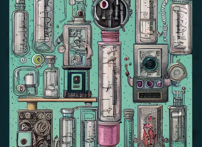 Image similar to a portrait of an inventor, test tubes, strange machines, electronics, lowbrow in the style of mark ryden and daniel merriam,