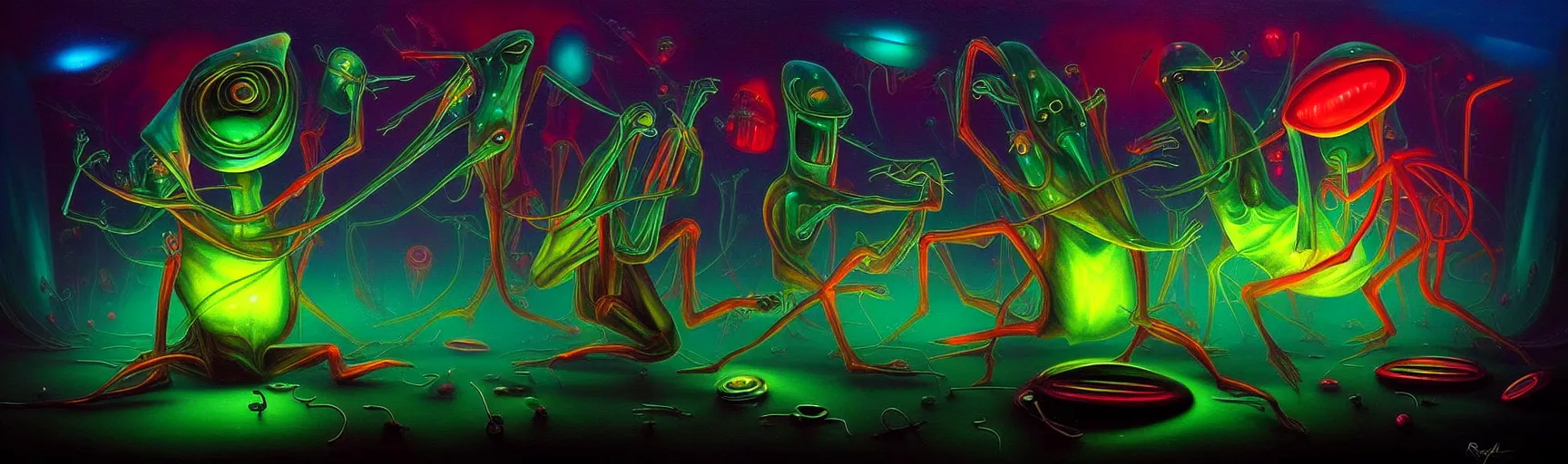 Image similar to strange alien plankton creatures from the depths of the collective unconscious, dramatic lighting, surreal darkly colorful painting by ronny khalil