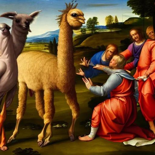 Image similar to renaissance painting of a llama in a large observatory looking for extraterrestrials