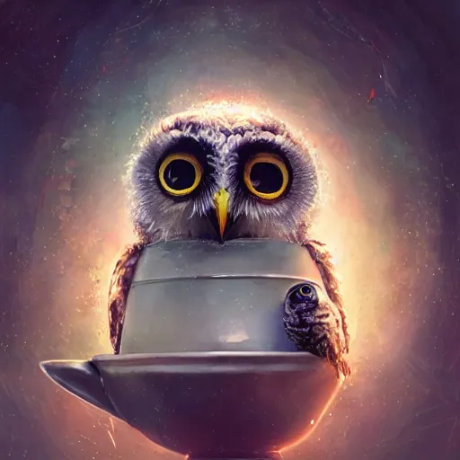 Prompt: long shot of a very cute owl chick nesting in a very futuristic cup, esao andrews, m. w. kaluta, john berkey, humorous illustration, hyperrealistic, big depth of field, warm colors, night scenery, low light, 3 d octane render, 4 k, conceptart, hyperdetailed, hyperrealistic, trending on artstation