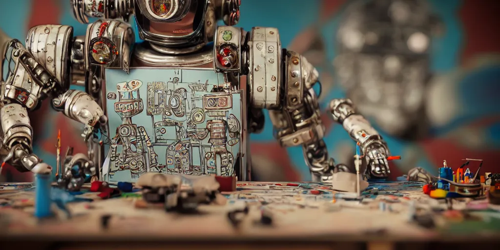 Prompt: closeup portrait of tin toy retro robot artist drawing on paper, in a workshop, depth of field, zeiss lens, detailed, centered, fashion photoshoot, by nicoletta ceccoli, mark ryden, lostfish, breathtaking, 8 k resolution, extremely detailed, beautiful, establishing shot, artistic, hyperrealistic, octane render