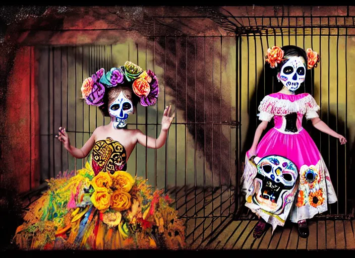 Prompt: a child wearing dia de los muertos costume in a cage, behind bars, whispers secrets to her alejbrie animal spirit. sharpe matte painting, lowbrow, pop surrealism art, neo expressionism, nouveau realisme decollage, contemporary art illustration, oaxacan alebrijes, photography by steven curry