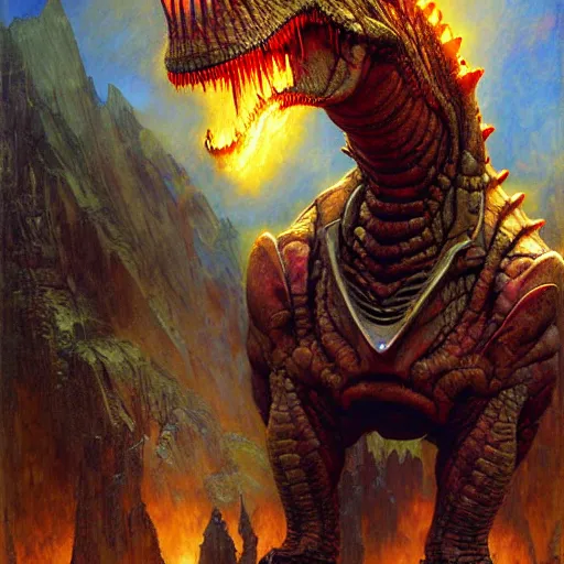 Prompt: portrait of sauron the dinosaur mutant from xmen. shadowrun furaffiniy cyberpunk fantasy highly detailed painting by gaston bussiere craig mullins jc leyendecker gustav klimt artgerm greg rutkowski john berkey, bergey, craig mullins, ruan jia, raymond swanland, jeremy mann, tom lovell, alex malveda