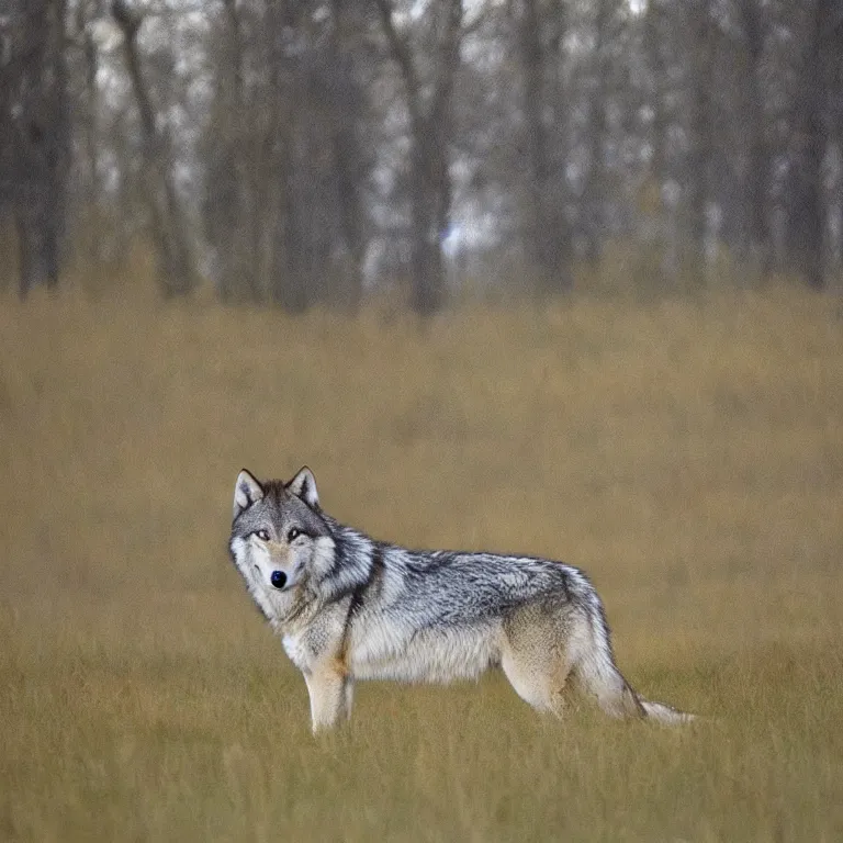 Image similar to Majestic wolf on the heath, portrait. Rough brushstrokes. Beautiful scene. Muted natural colour scheme. Beautiful artistic painting by Lurid (2022)