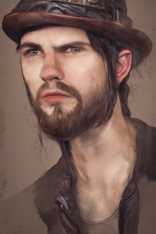 Prompt: portrait, headshot, digital painting, 50's adventurer, dark hair, fedora, stained dirty clothing, leather jacket, realistic, hyperdetailed, concept art, chiaroscuro, Waterhouse style