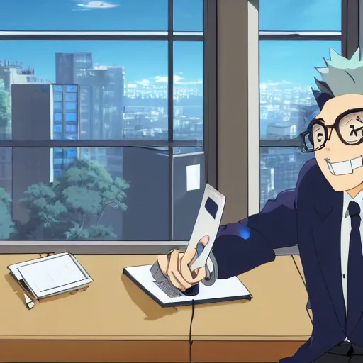 Image similar to anime of wall street broker sitting in his office laughing on the phone with skyview in background, studio ghibli, makoto shinkai, trending on artstation, 2 d hd, 8 k