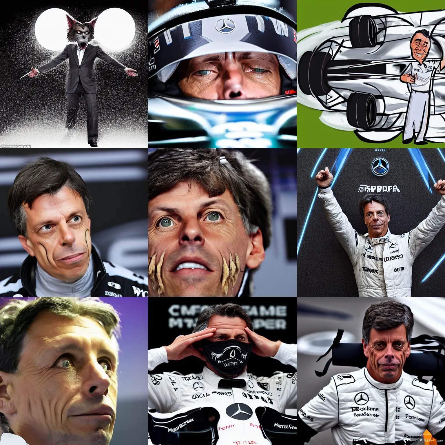 Prompt: Mercedes F1 principal Toto Wolff transforms into a werewolf under the full moon, caricature