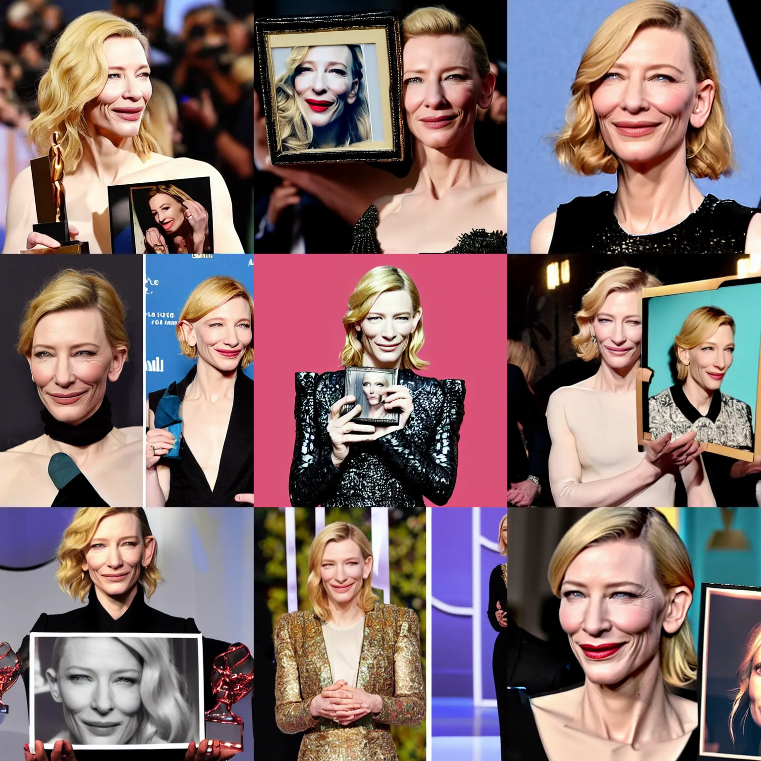 Prompt: image of cate blanchett holding the same image,